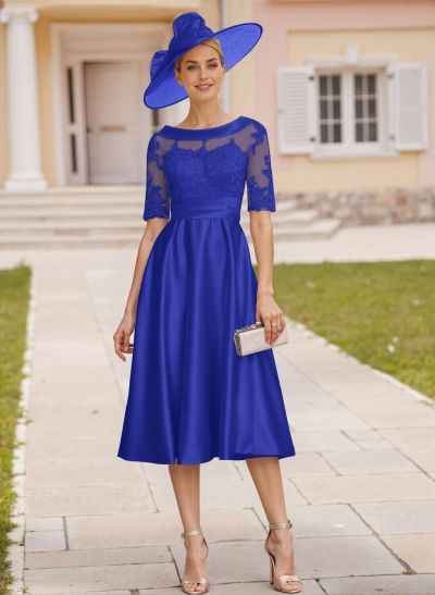 Elegant Cowl Neck Lace Short Sleeves A-Line Satin Mother Of The Bride Dresses