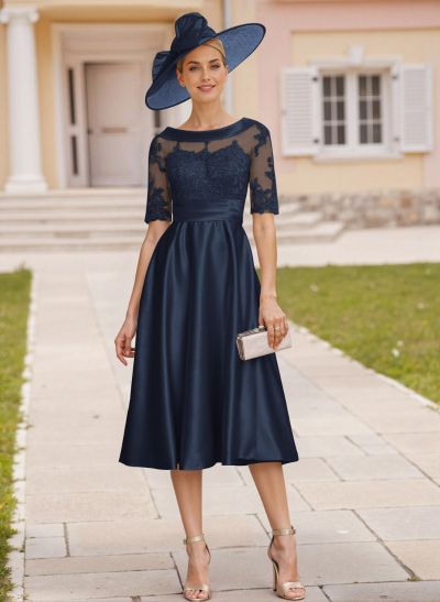 Elegant Cowl Neck Lace Short Sleeves A-Line Satin Mother Of The Bride Dresses