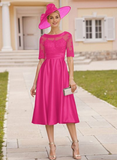 Elegant Cowl Neck Lace Short Sleeves A-Line Satin Mother Of The Bride Dresses