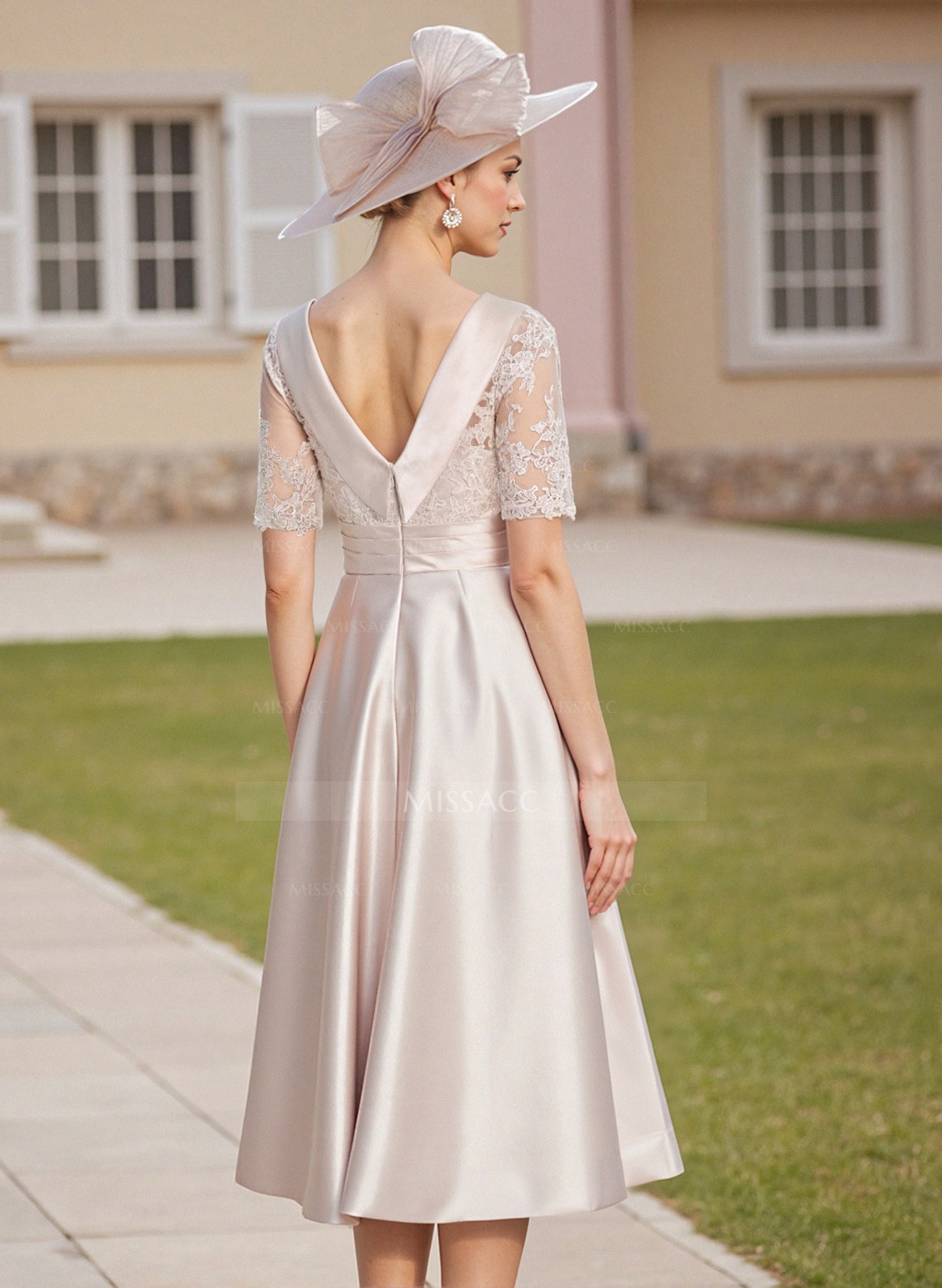Elegant Cowl Neck Lace Short Sleeves A-Line Satin Mother Of The Bride Dresses