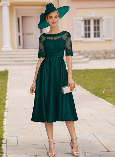 Elegant Cowl Neck Lace Short Sleeves A-Line Satin Mother Of The Bride Dresses