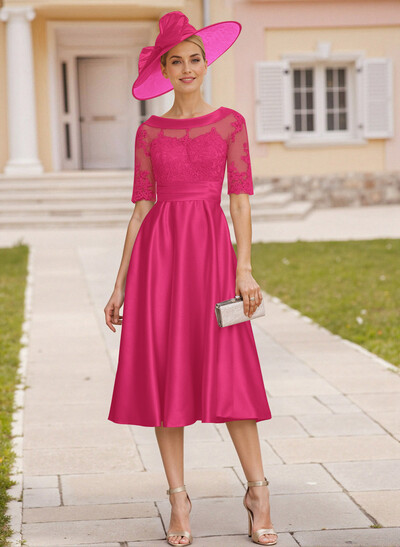 Elegant Cowl Neck Lace Short Sleeves A-Line Satin Mother Of The Bride Dresses