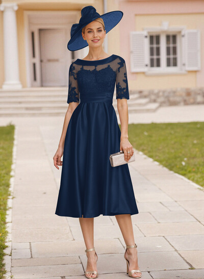 Elegant Cowl Neck Lace Short Sleeves A-Line Satin Mother Of The Bride Dresses
