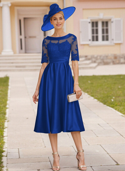 Elegant Cowl Neck Lace Short Sleeves A-Line Satin Mother Of The Bride Dresses