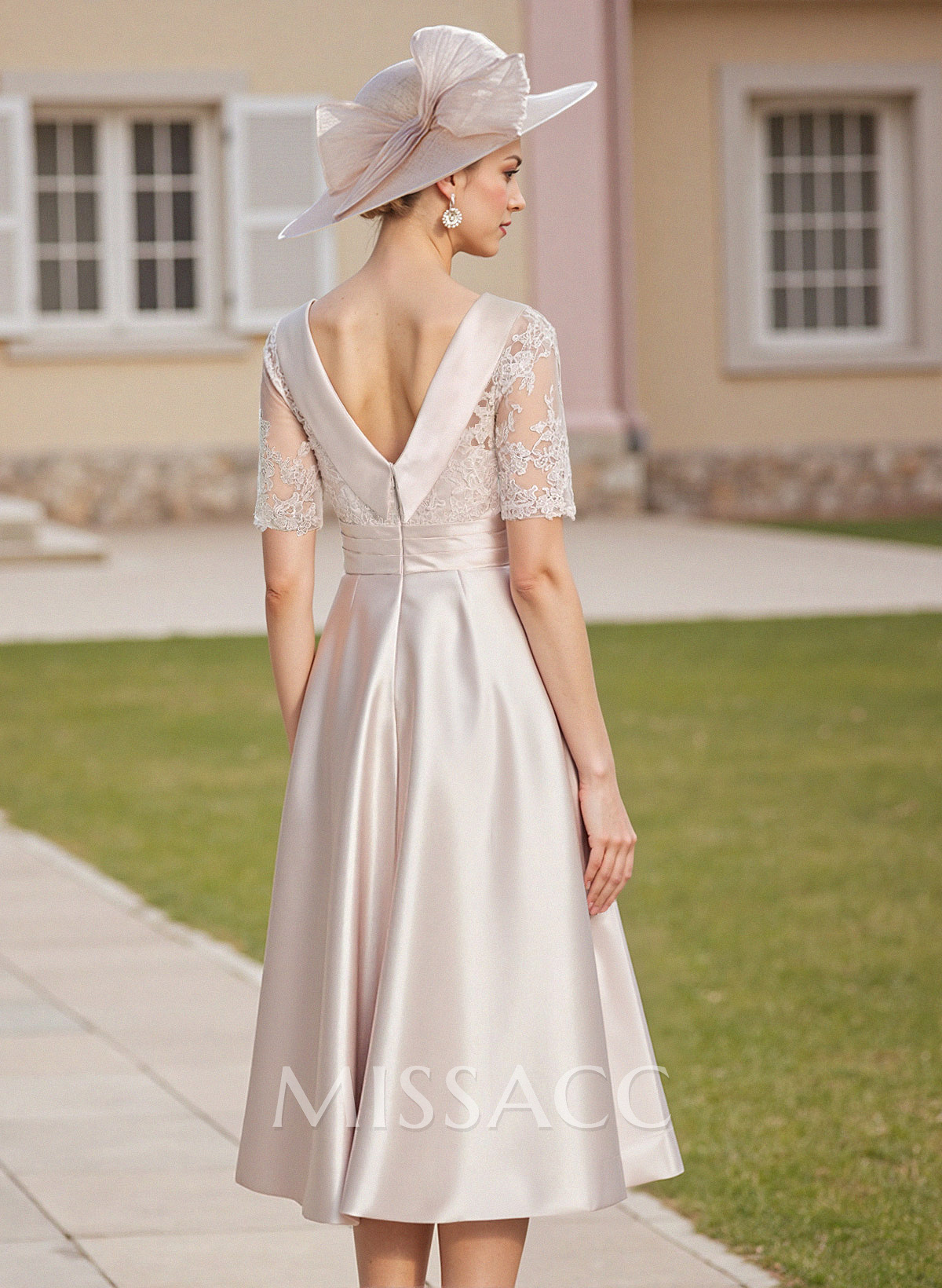 Elegant Cowl Neck Lace Short Sleeves A-Line Satin Mother Of The Bride Dresses