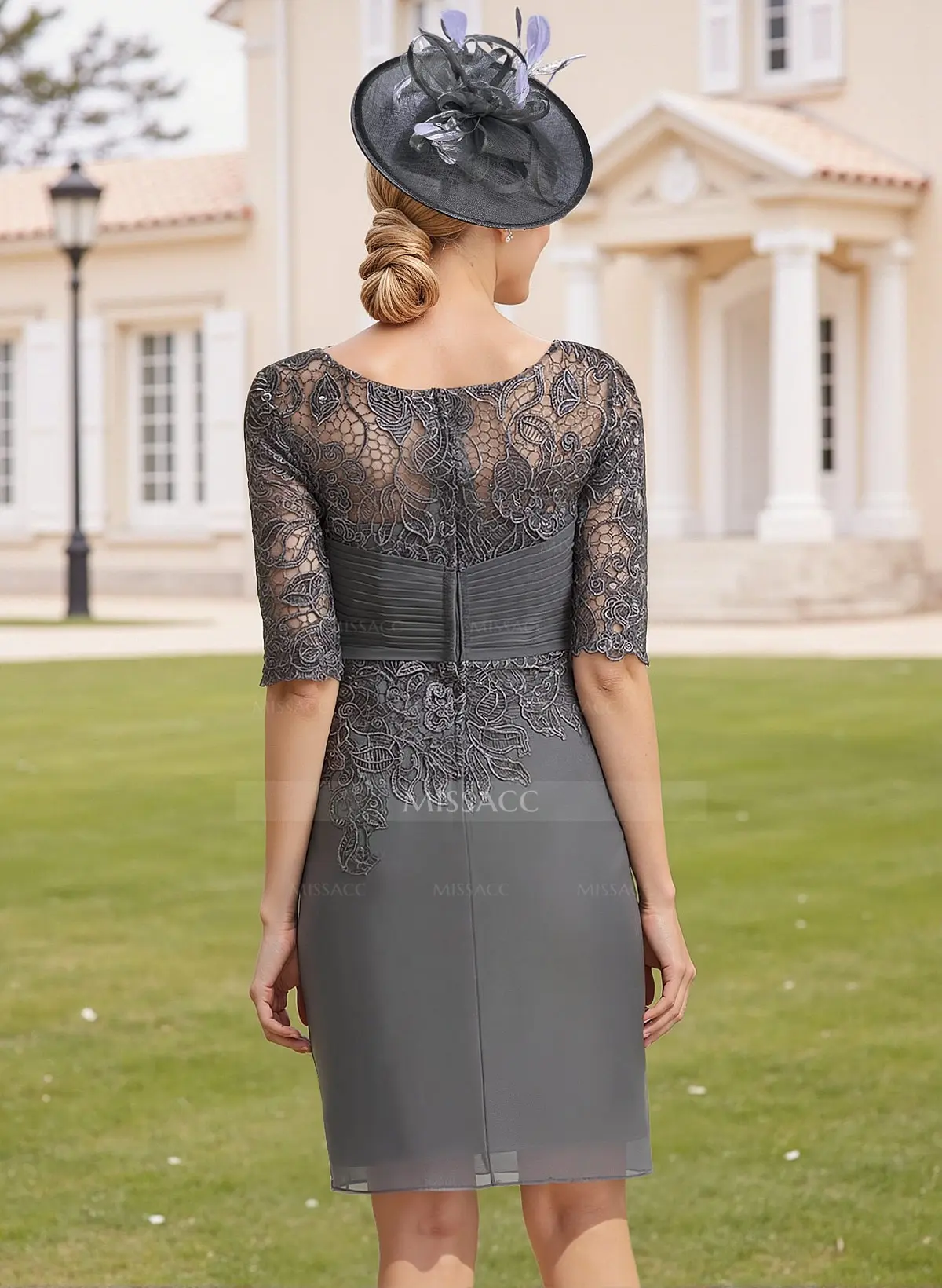 Missufe Abito Da Sera Donna Con Scollo A V E Maniche In Pizzo 3/4 - Modello A-Line Swing Per Cocktail E Cerimonie - 6