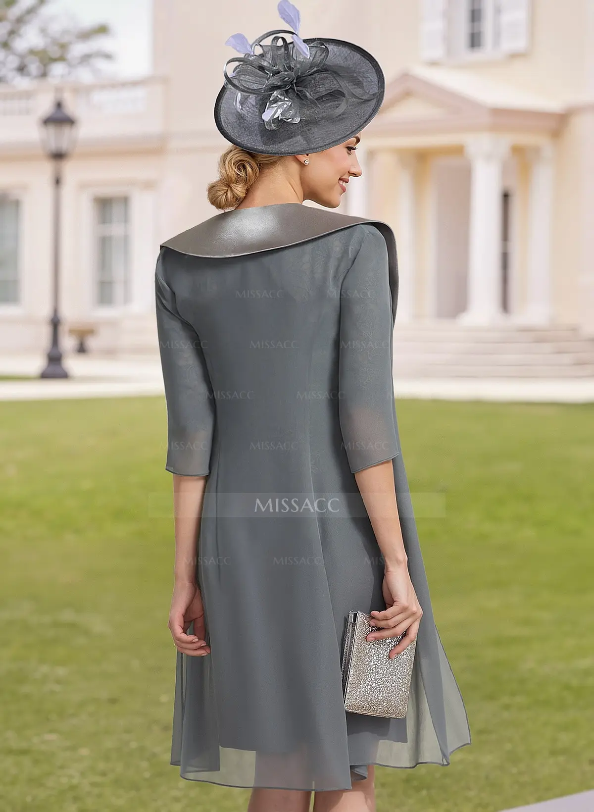 Missacc Lilac Mother Of The Bride Dresses Elegant Sheath/Column Scoop Neck 1/2 Sleeves Knee-Length Lace/Chiffon Mother Of The Bride Dresses With Lace