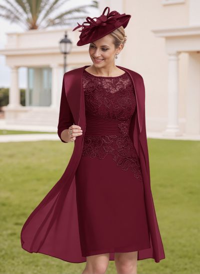 Elegant Sheath/Column Scoop Neck 1/2 Sleeves Knee-Length Lace/Chiffon Mother Of The Bride Dresses With Lace