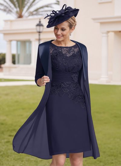 Elegant Sheath/Column Scoop Neck 1/2 Sleeves Knee-Length Lace/Chiffon Mother Of The Bride Dresses With Lace