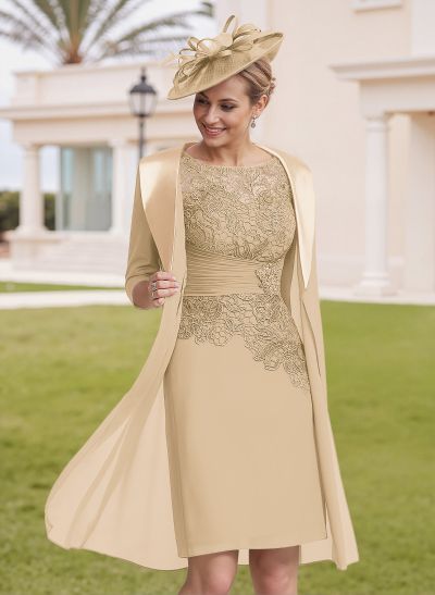 Elegant Sheath/Column Scoop Neck 1/2 Sleeves Knee-Length Lace/Chiffon Mother Of The Bride Dresses With Lace