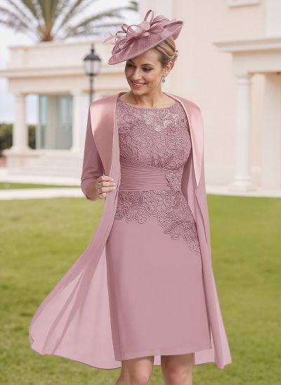 Elegant Sheath/Column Scoop Neck 1/2 Sleeves Knee-Length Lace/Chiffon Mother Of The Bride Dresses With Lace