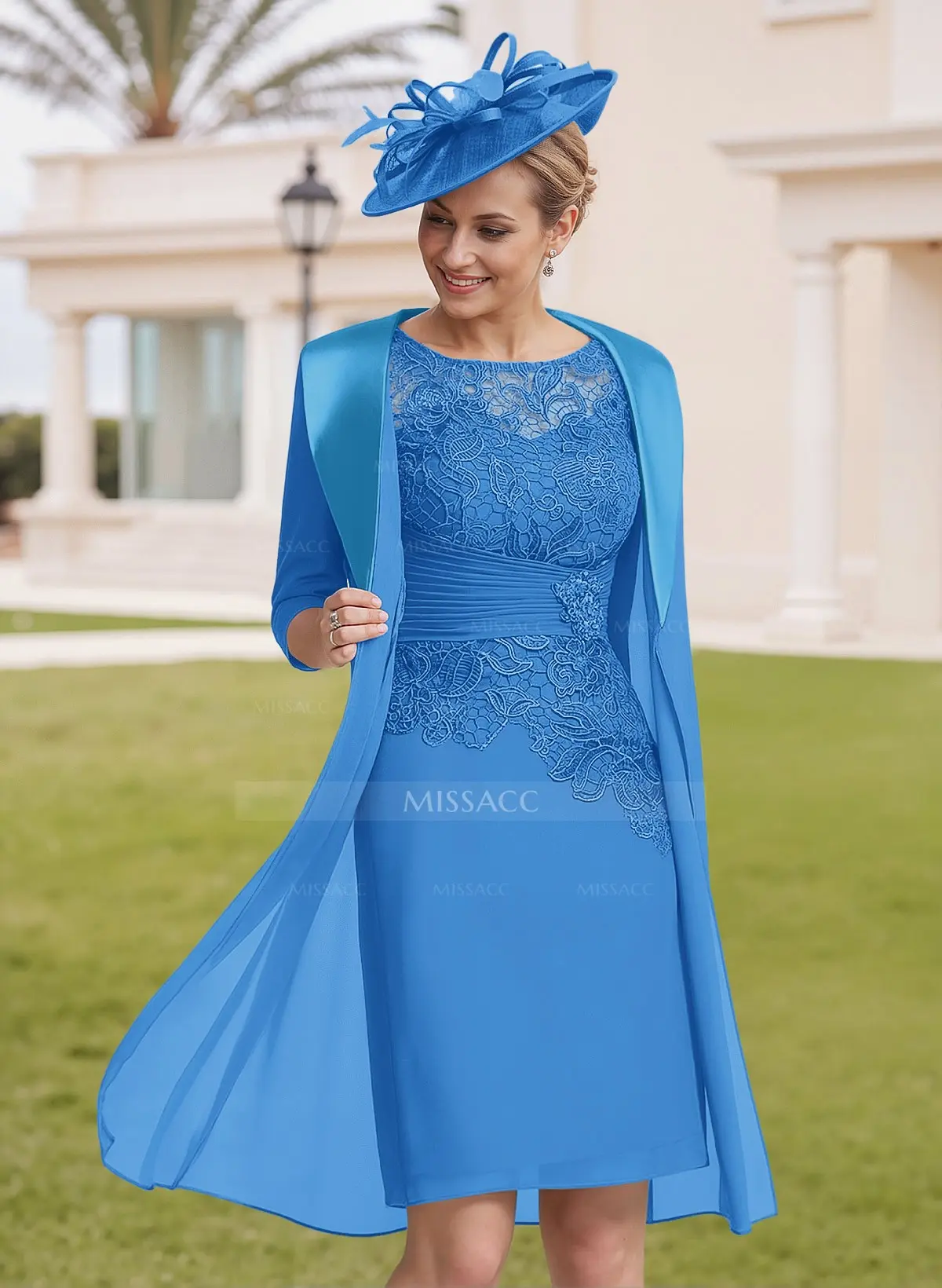 Elegant Sheath/Column Scoop Neck 1/2 Sleeves Knee-Length Lace