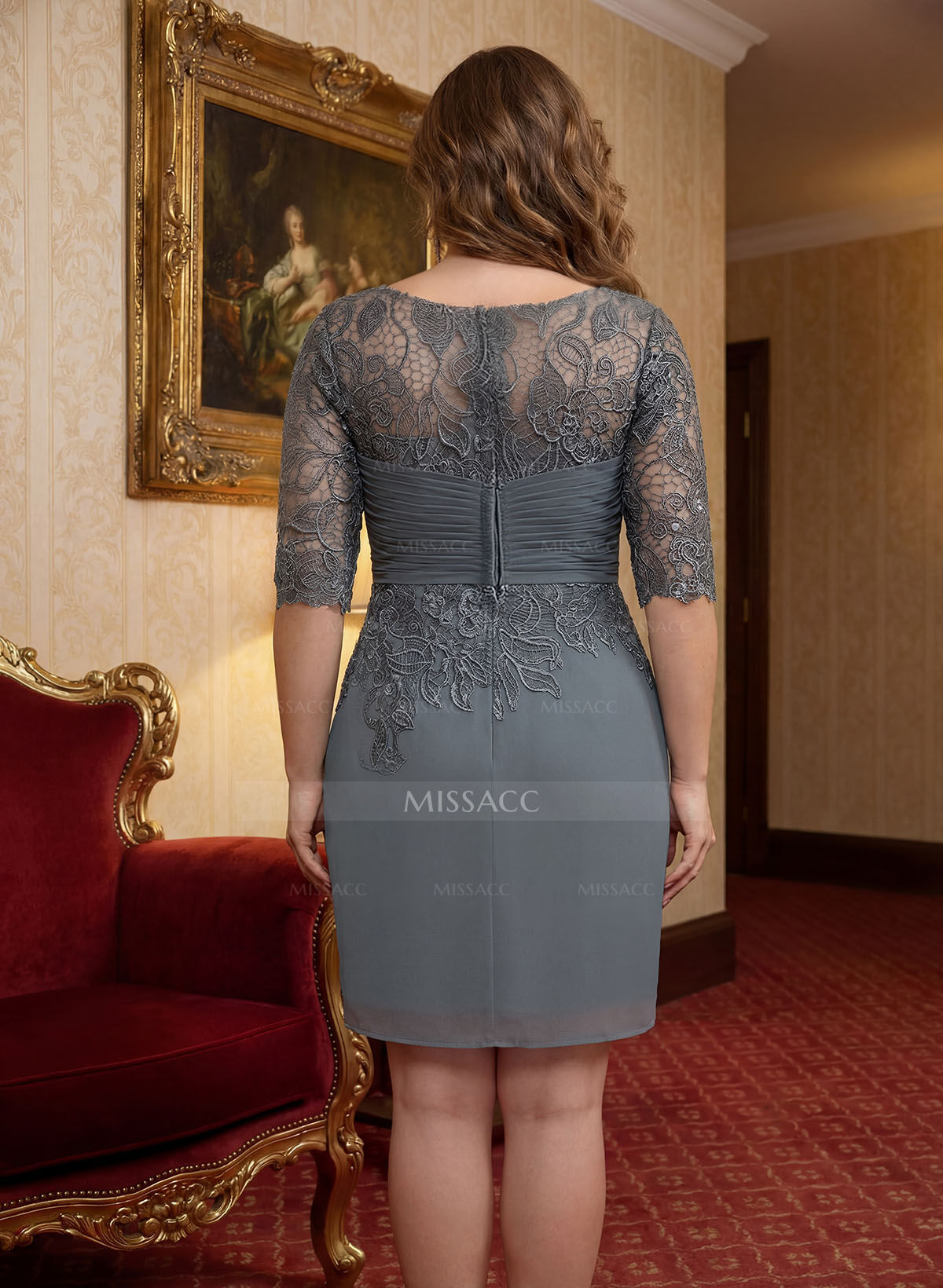 Elegant Sheath/Column Scoop Neck 1/2 Sleeves Knee-Length Lace/Chiffon Mother Of The Bride Dresses With Lace