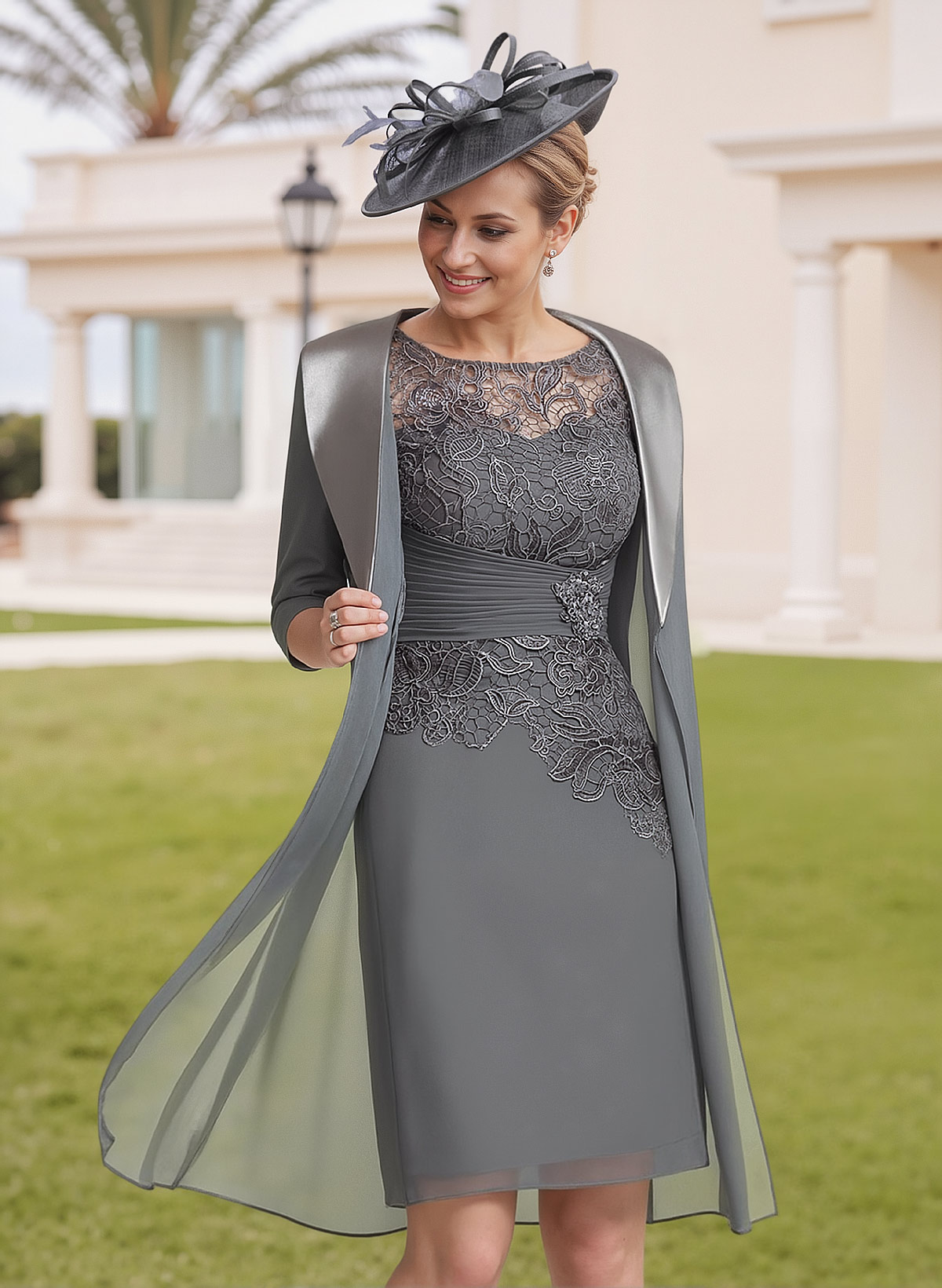 Elegant Sheath/Column Scoop Neck 1/2 Sleeves Knee-Length Lace/Chiffon Mother Of The Bride Dresses With Lace