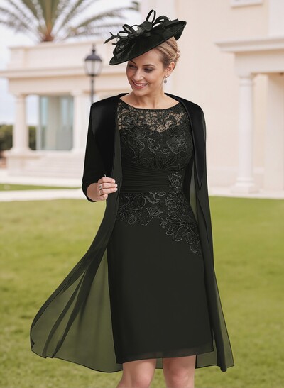 Elegant Sheath/Column Illusion Neck 1/2 Sleeves Knee-Length Lace/Chiffon Mother Of The Bride Dresses With Lace