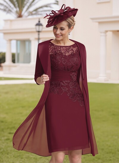 Elegant Sheath/Column Illusion Neck 1/2 Sleeves Knee-Length Lace/Chiffon Mother Of The Bride Dresses With Lace