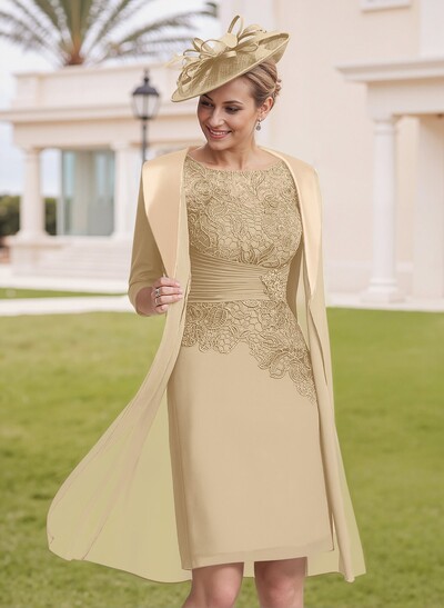 Elegant Sheath/Column Scoop Neck 1/2 Sleeves Knee-Length Lace/Chiffon Mother Of The Bride Dresses With Lace