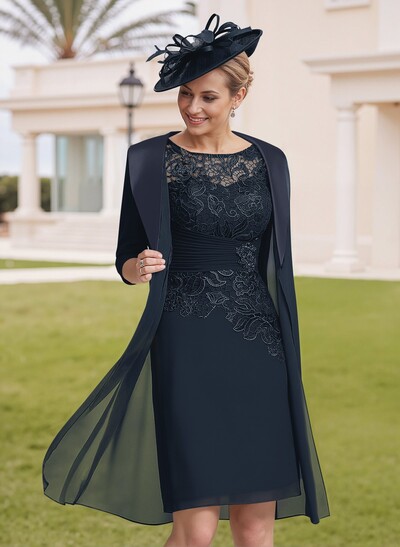 Elegant Sheath/Column Illusion Neck 1/2 Sleeves Knee-Length Lace/Chiffon Mother Of The Bride Dresses With Lace