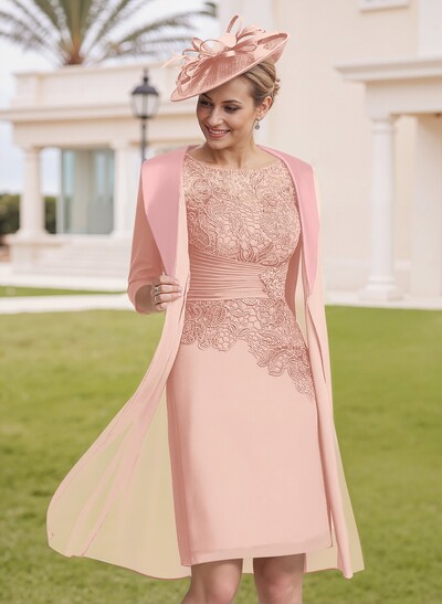 Elegant Sheath/Column Scoop Neck 1/2 Sleeves Knee-Length Lace/Chiffon Mother Of The Bride Dresses With Lace