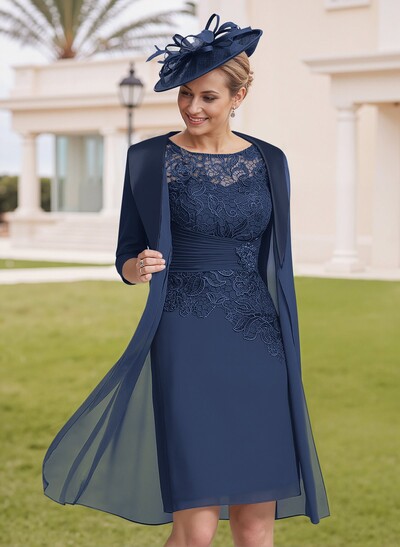 Elegant Sheath/Column Scoop Neck 1/2 Sleeves Knee-Length Lace/Chiffon Mother Of The Bride Dresses With Lace