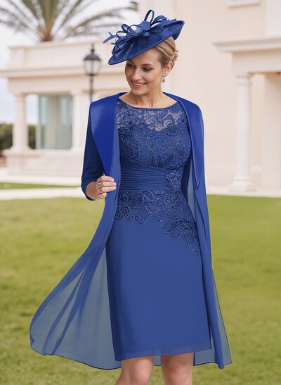 Elegant Sheath/Column Scoop Neck 1/2 Sleeves Knee-Length Lace/Chiffon Mother Of The Bride Dresses With Lace