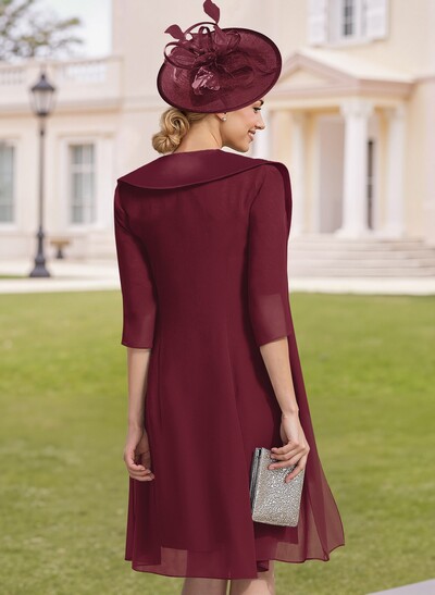 Elegant Sheath/Column Illusion Neck 1/2 Sleeves Knee-Length Lace/Chiffon Mother Of The Bride Dresses With Lace