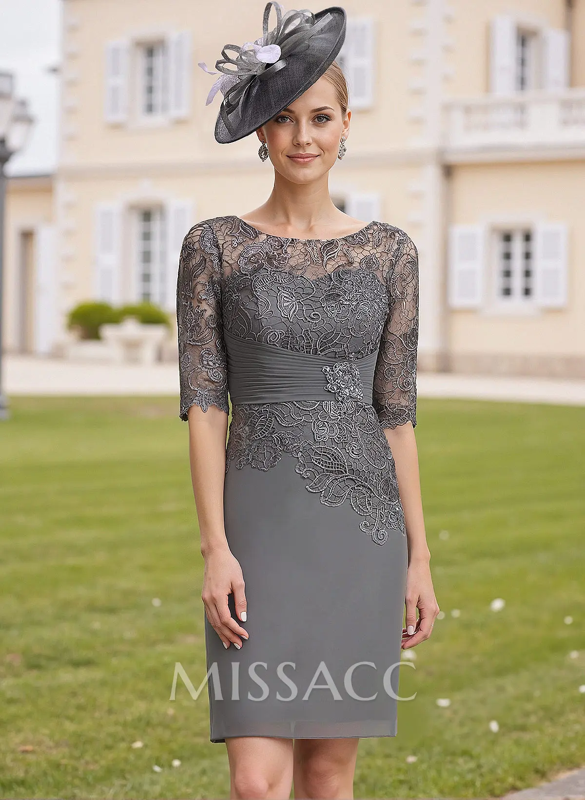 Elegant Sheath/Column Illusion Neck 1/2 Sleeves Knee-Length Lace