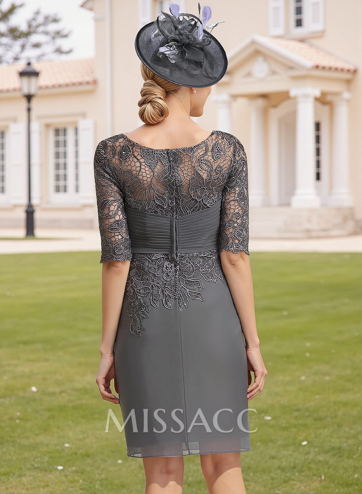 Elegant Sheath/Column Scoop Neck 1/2 Sleeves Knee-Length Lace/Chiffon Mother Of The Bride Dresses With Lace