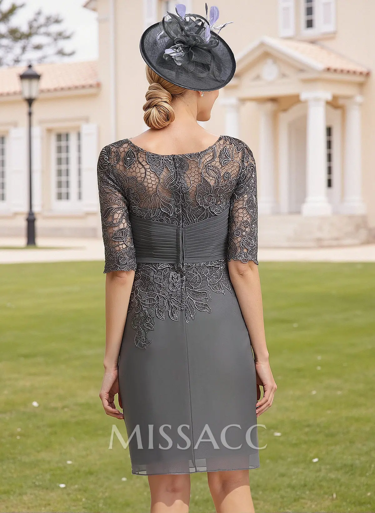 Elegant Sheath/Column Illusion Neck 1/2 Sleeves Knee-Length Lace