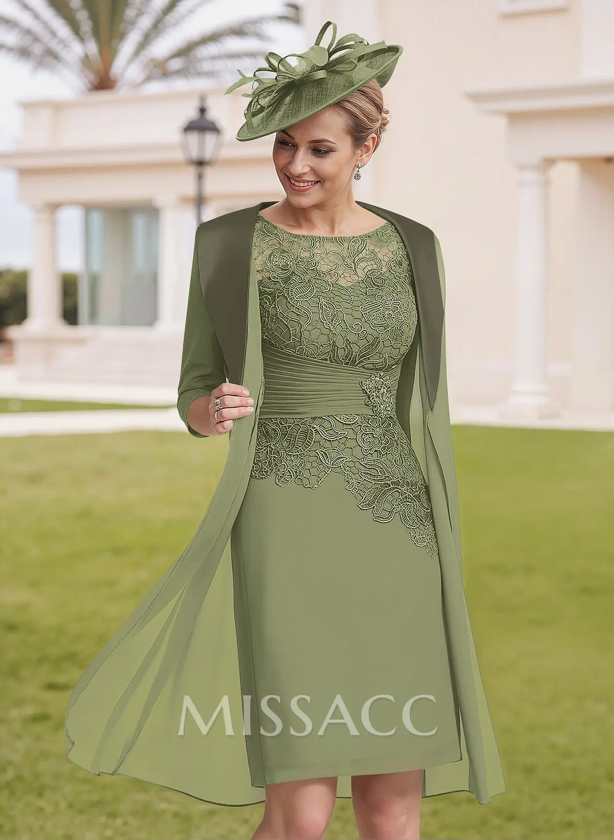 Elegant Sheath/Column Illusion Neck 1/2 Sleeves Knee-Length Lace