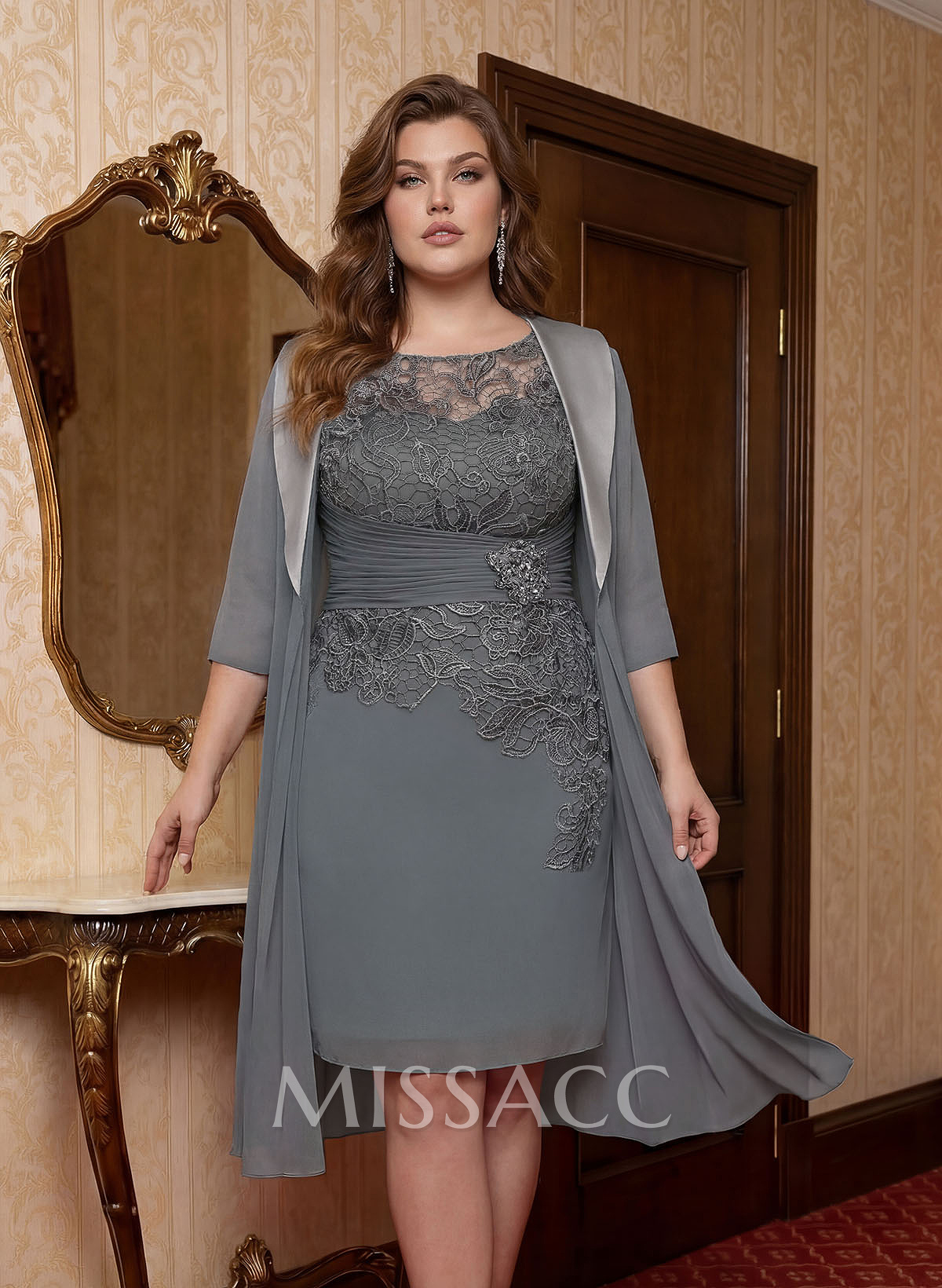 Elegant Sheath/Column Scoop Neck 1/2 Sleeves Knee-Length Lace/Chiffon Mother Of The Bride Dresses With Lace