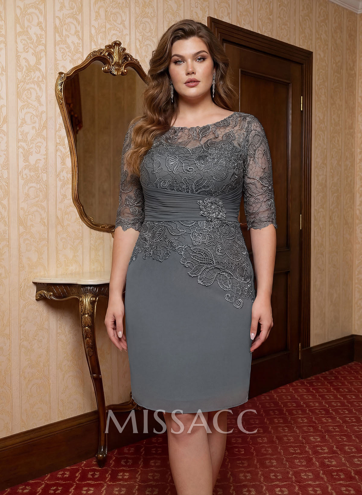 Elegant Sheath/Column Scoop Neck 1/2 Sleeves Knee-Length Lace/Chiffon Mother Of The Bride Dresses With Lace