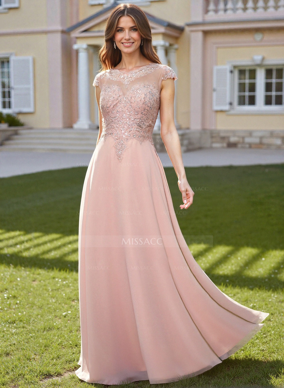 Elegant Sheath/Column Scoop Neck Floor-Length Lace/Chiffon Mother Of The Bride Dresses With Appliques Lace