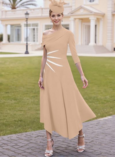 Elegant A-Line One-Shoulder 3/4 Sleeves Ankle-Length Elastic Satin Mother Of The Bride Dresses