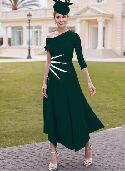 Elegant A-Line One-Shoulder 3/4 Sleeves Ankle-Length Elastic Satin Mother Of The Bride Dresses