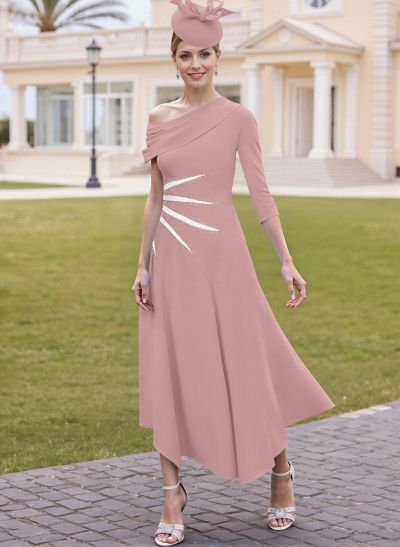 Elegant A-Line One-Shoulder 3/4 Sleeves Ankle-Length Elastic Satin Mother Of The Bride Dresses