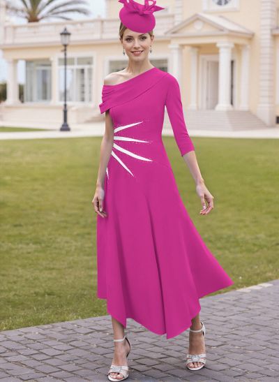 Elegant A-Line One-Shoulder 3/4 Sleeves Ankle-Length Elastic Satin Mother Of The Bride Dresses