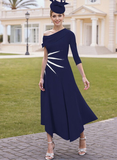 Elegant A-Line One-Shoulder 3/4 Sleeves Ankle-Length Elastic Satin Mother Of The Bride Dresses