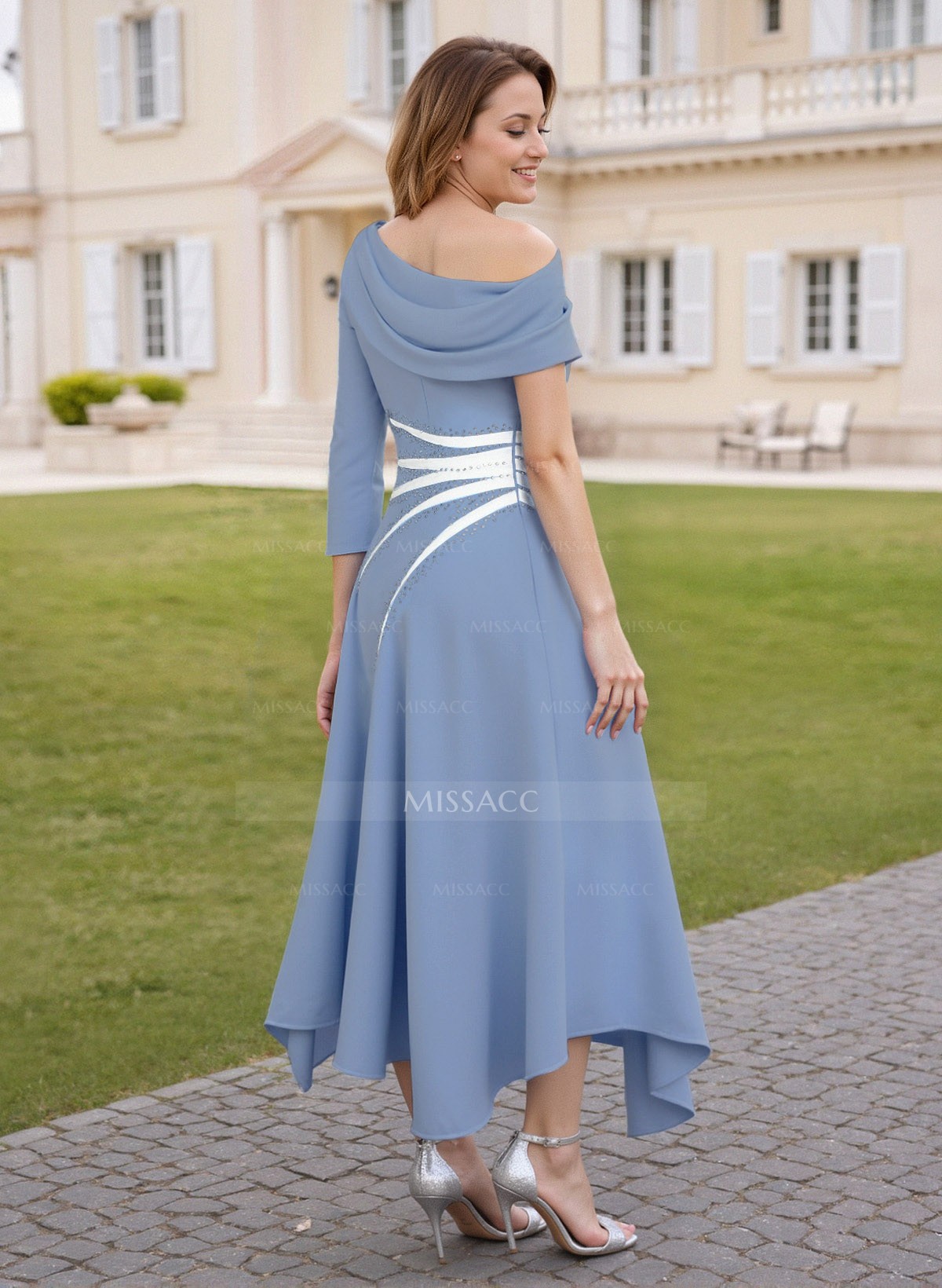 Elegant A-Line One-Shoulder 3/4 Sleeves Ankle-Length Elastic Satin Mother Of The Bride Dresses