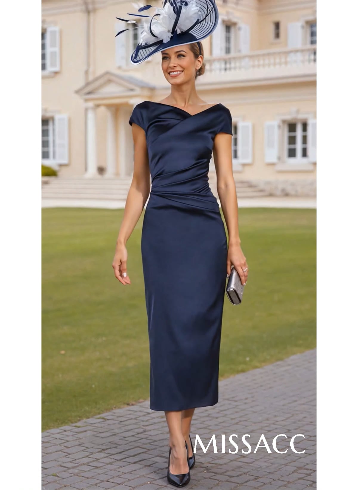 Elegant Sheath/Column Short Sleeves Tea-Length Charmeuse Mother Of The Bride Dresses With Pleated