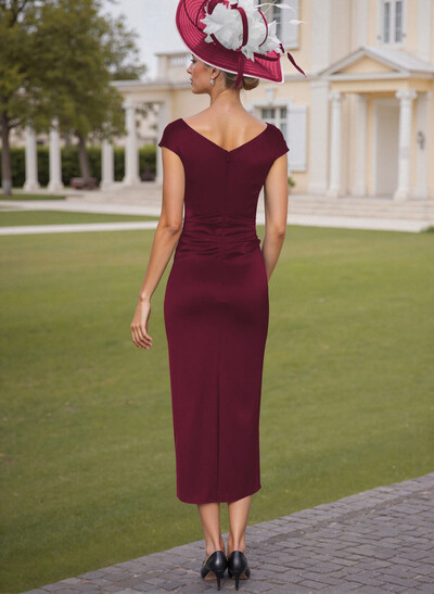 Elegant Sheath/Column Short Sleeves Tea-Length Charmeuse Mother Of The Bride Dresses With Pleated