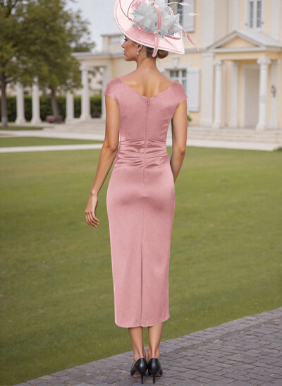 Elegant Sheath/Column Short Sleeves Tea-Length Charmeuse Mother Of The Bride Dresses With Pleated