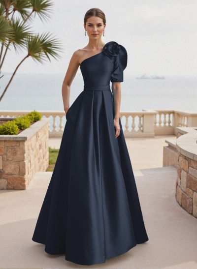 Simple A-Line One-Shoulder 1/2 Sleeves Court Train Satin Mother Of The Bride Dresses With Flower(s)