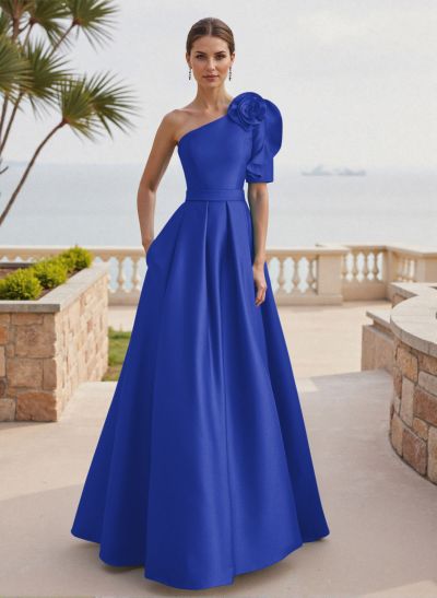 Simple A-Line One-Shoulder 1/2 Sleeves Court Train Satin Mother Of The Bride Dresses With Flower(s)