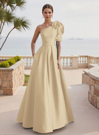 Simple A-Line One-Shoulder 1/2 Sleeves Court Train Satin Mother Of The Bride Dresses With Flower(s)
