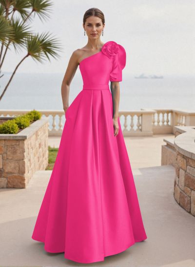 Simple A-Line One-Shoulder 1/2 Sleeves Court Train Satin Mother Of The Bride Dresses With Flower(s)
