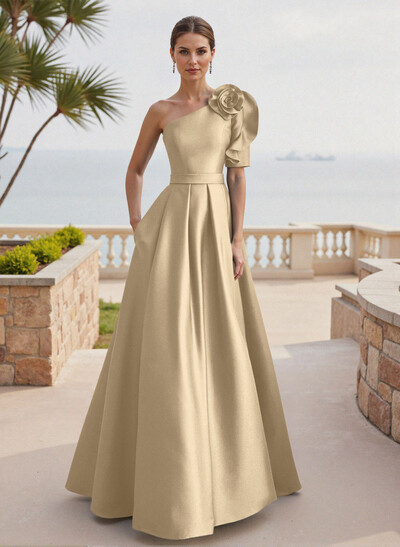 Simple A-Line One-Shoulder 1/2 Sleeves Court Train Satin Mother Of The Bride Dresses With Flower(s)