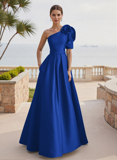 Simple A-Line One-Shoulder 1/2 Sleeves Court Train Satin Mother Of The Bride Dresses With Flower(s)