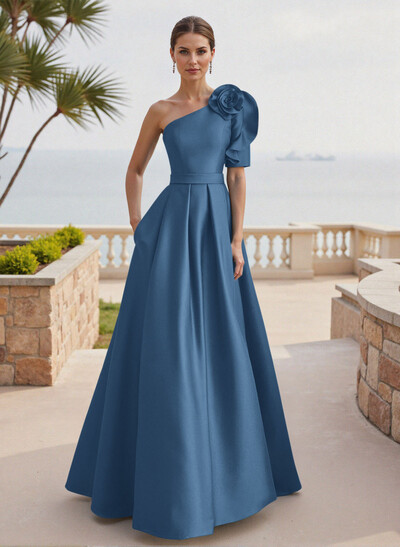 Simple A-Line One-Shoulder 1/2 Sleeves Court Train Satin Mother Of The Bride Dresses With Flower(s)