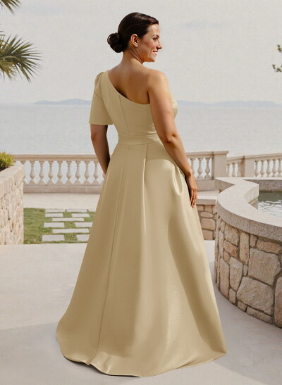Simple A-Line One-Shoulder 1/2 Sleeves Court Train Satin Mother Of The Bride Dresses With Flower(s)